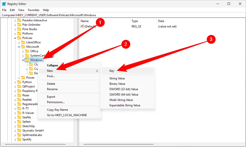 Tạo khóa Registry mới &quot;Explorer&quot; trong cây thư mục Registry của Windows 11.