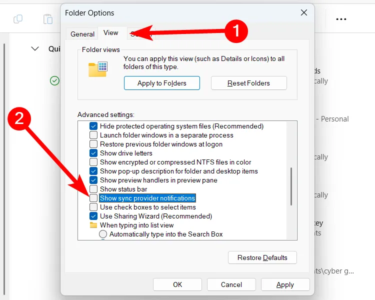 Tắt thông báo nhà cung cấp đồng bộ hóa trong Tùy chọn Thư mục của Windows 11