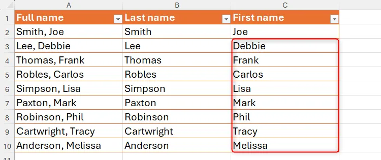 Tên riêng còn lại trong cột C được điền hoàn chỉnh bằng công cụ Flash Fill của Excel