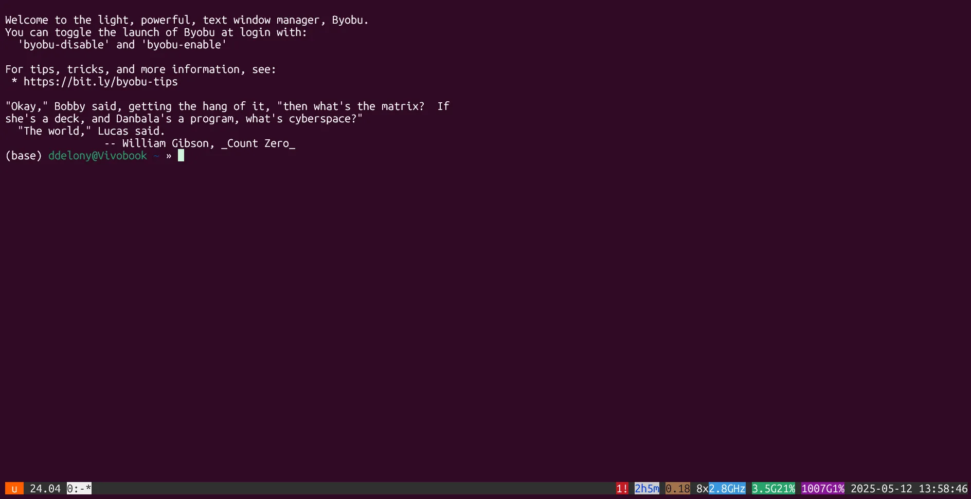 Terminal multiplexer Byobu đang chạy trên Ubuntu trong WSL, với các tùy chọn và thông tin hệ thống.