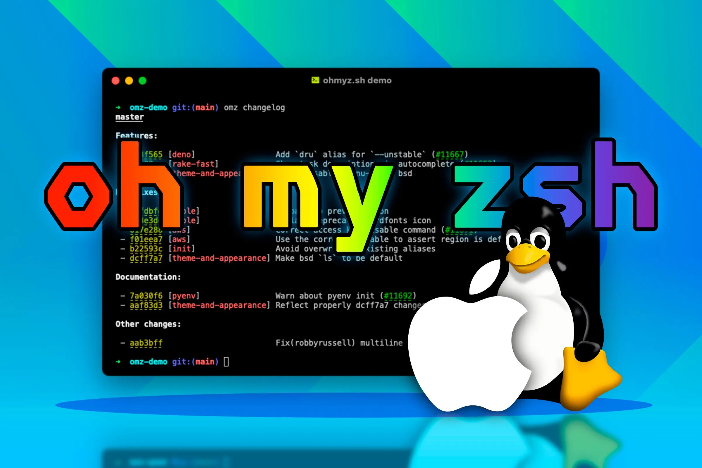 Terminal với Oh My Zsh, linh vật Linux và logo Apple