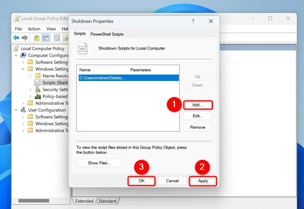 Thêm script dọn dẹp vào danh sách tác vụ tắt máy trong Local Group Policy Editor của Windows 11 Pro