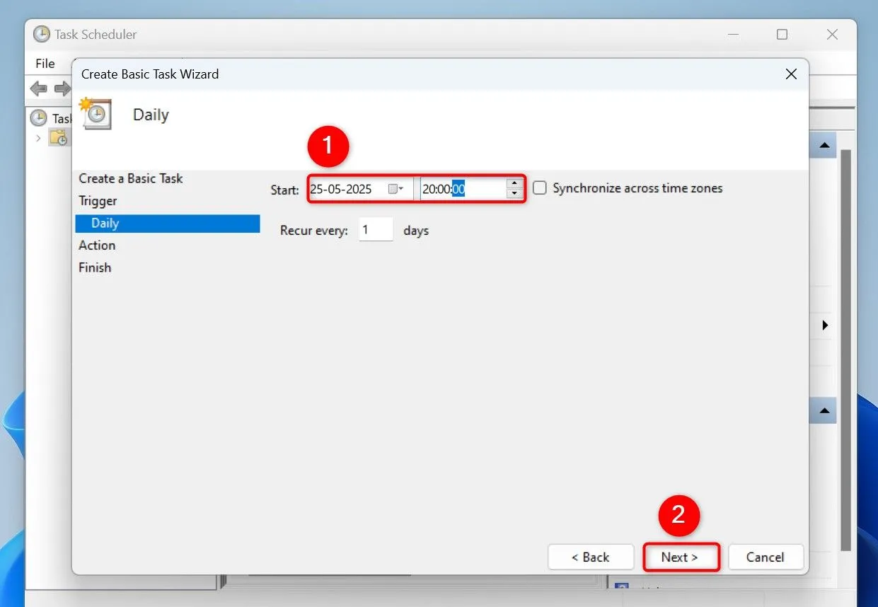 Thiết lập ngày và giờ bắt đầu cho tác vụ xóa file tạm tự động trong Task Scheduler