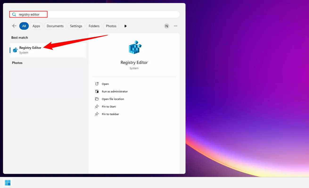 Tìm kiếm &quot;Registry Editor&quot; trong Start Menu của Windows 11 để truy cập công cụ chỉnh sửa.