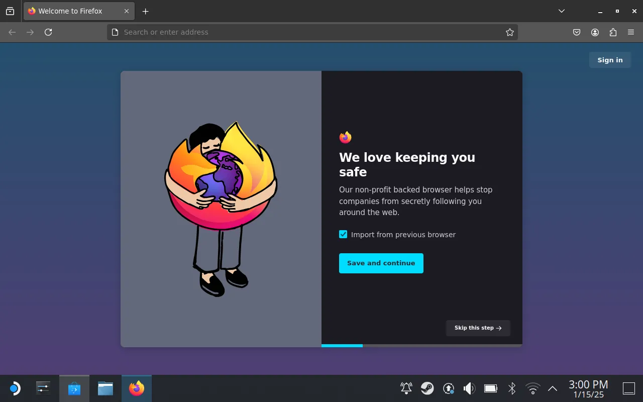 Trình duyệt Firefox trên Steam Deck ở chế độ Desktop.