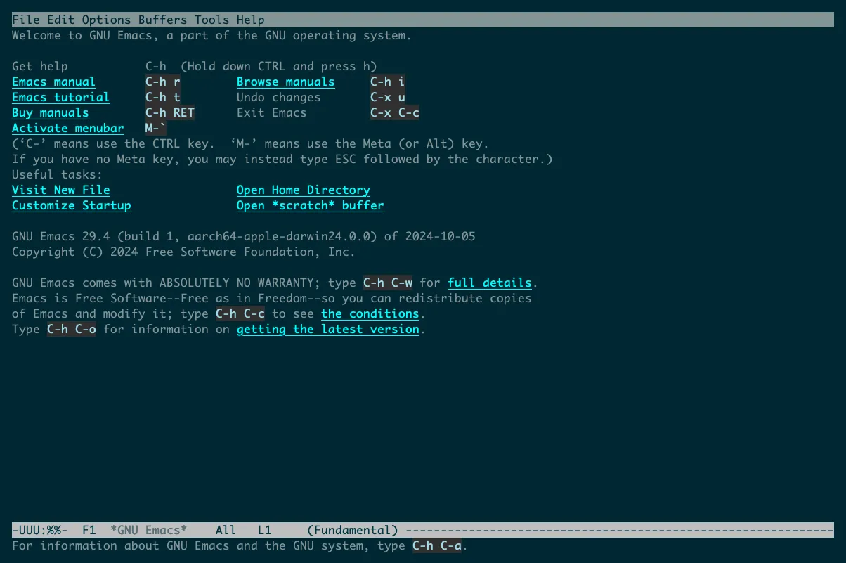 Trình soạn thảo văn bản GNU Emacs đang mở trong một cửa sổ Terminal, minh họa khả năng truy cập vào các công cụ mạnh mẽ trên macOS.
