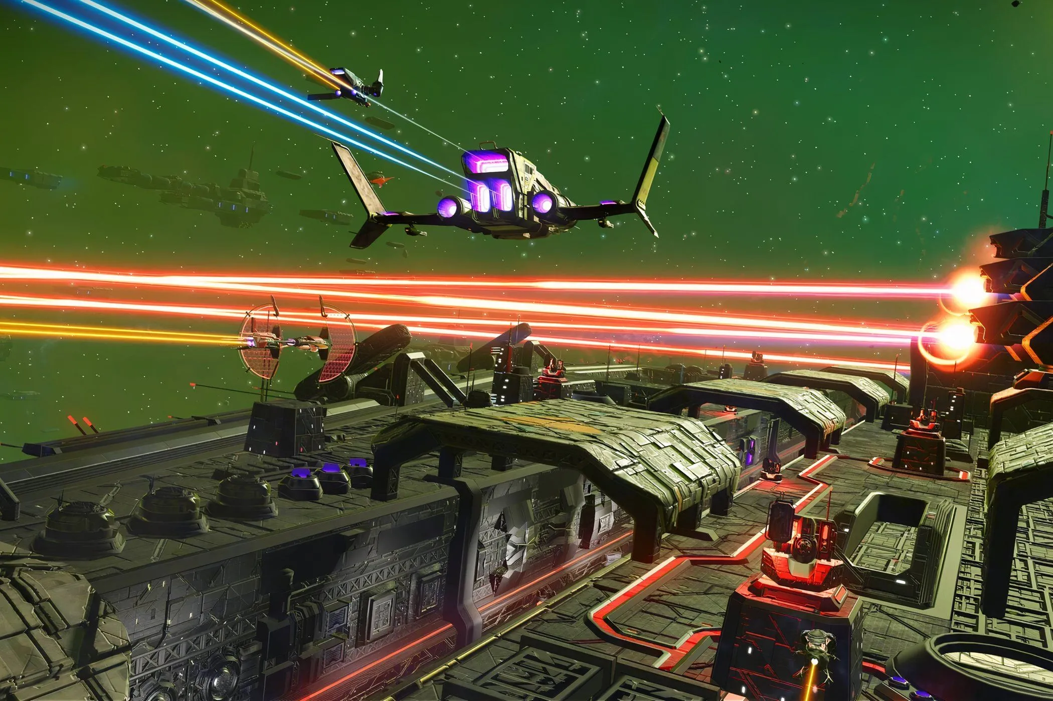 Trò chơi No Man's Sky với một con tàu khổng lồ đang chiến đấu, một game được đánh giá tốt trên Steam Proton