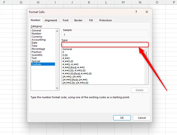 Trường Type trong phần Custom của hộp thoại Format Cells trong Excel, đang trống và được đánh dấu để nhập mã.