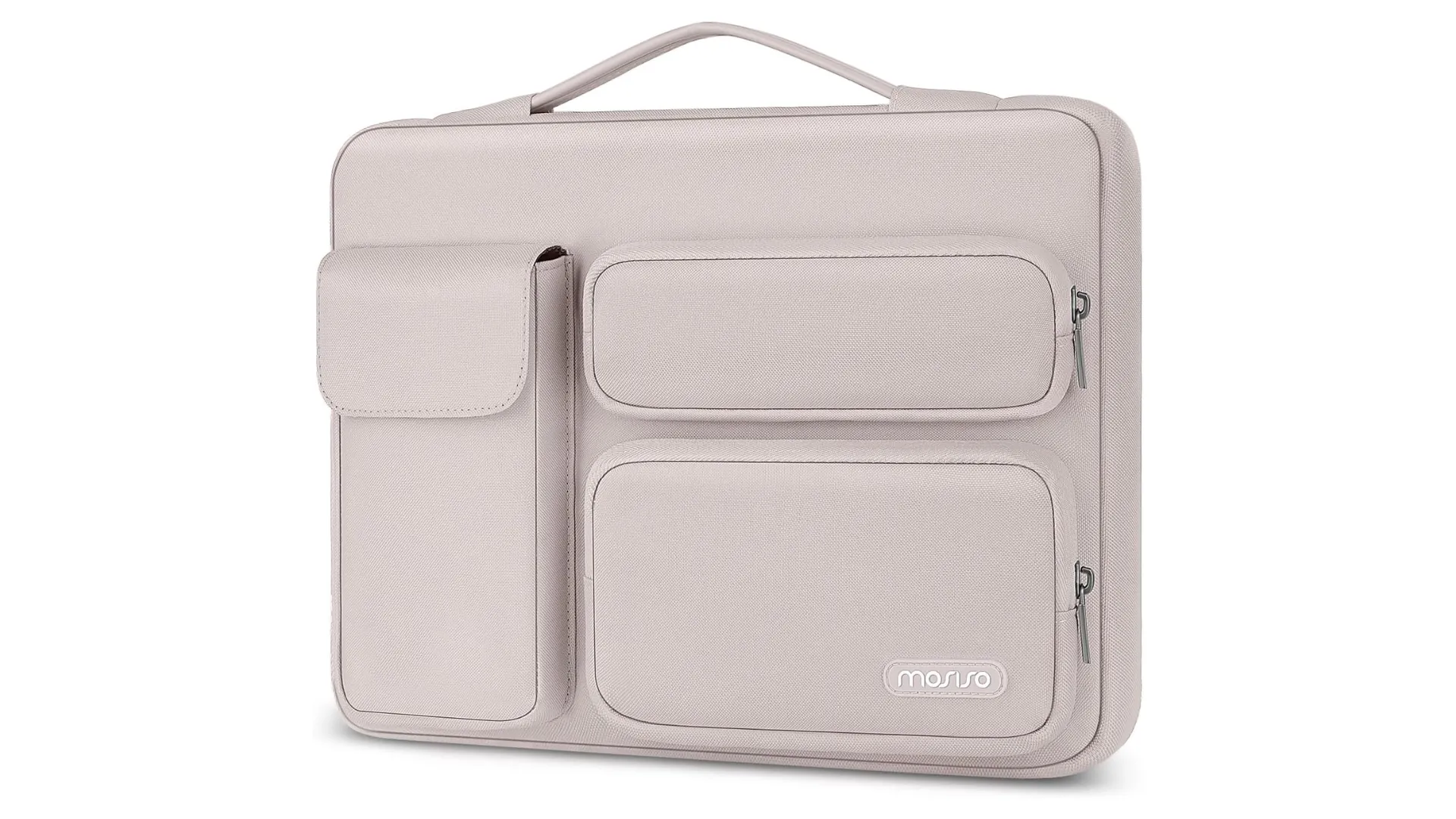 Túi chống sốc đựng MacBook MOSISO màu xám đậm với ngăn phụ và quai xách, tiện lợi khi mang theo.