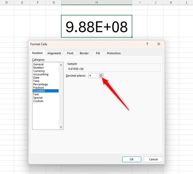 Tùy chỉnh số chữ số thập phân cho định dạng Scientific trong Excel