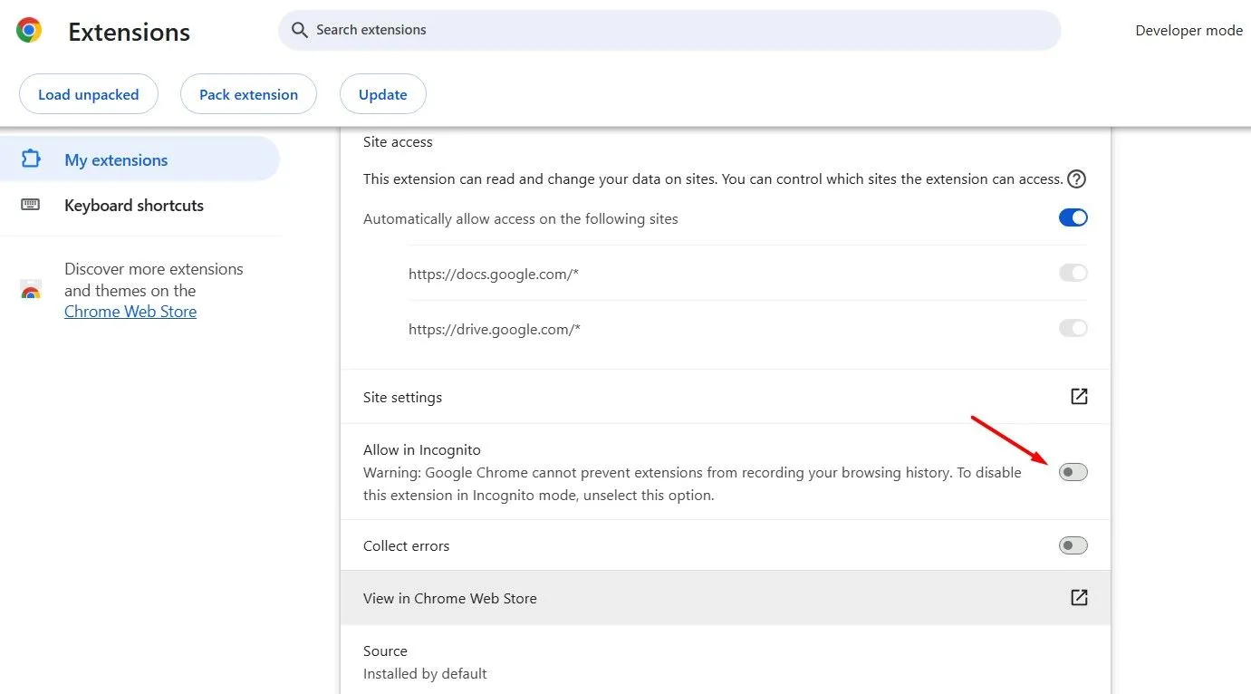 Tùy chọn &quot;Allow in Incognito&quot; (Cho phép ở chế độ ẩn danh) trong cài đặt tiện ích mở rộng của Google Chrome, cho phép người dùng kiểm soát quyền riêng tư.