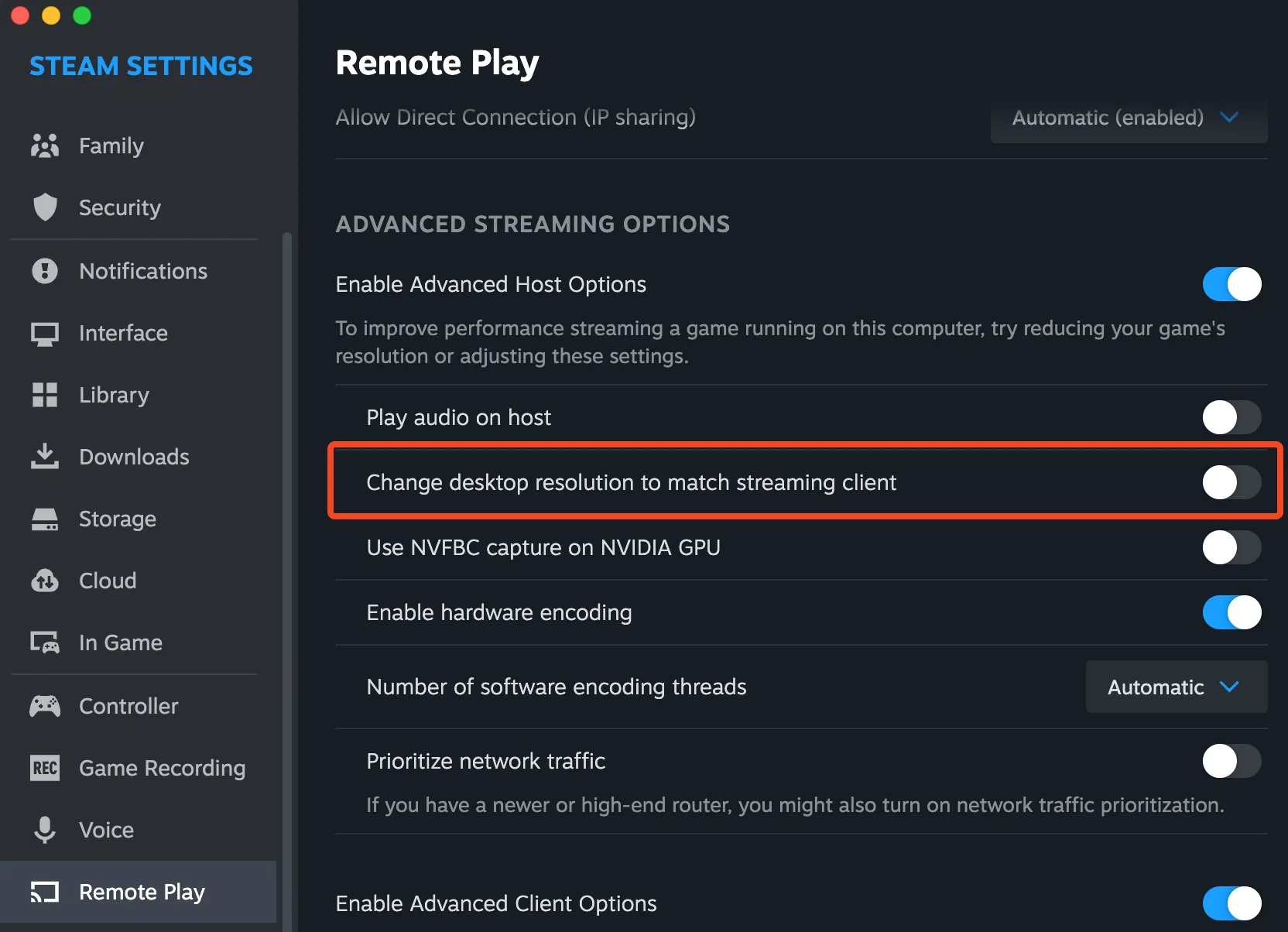 Tùy chọn &quot;Change desktop resolution to match streaming client&quot; trong cài đặt nâng cao của Steam Remote Play giúp tối ưu hiển thị