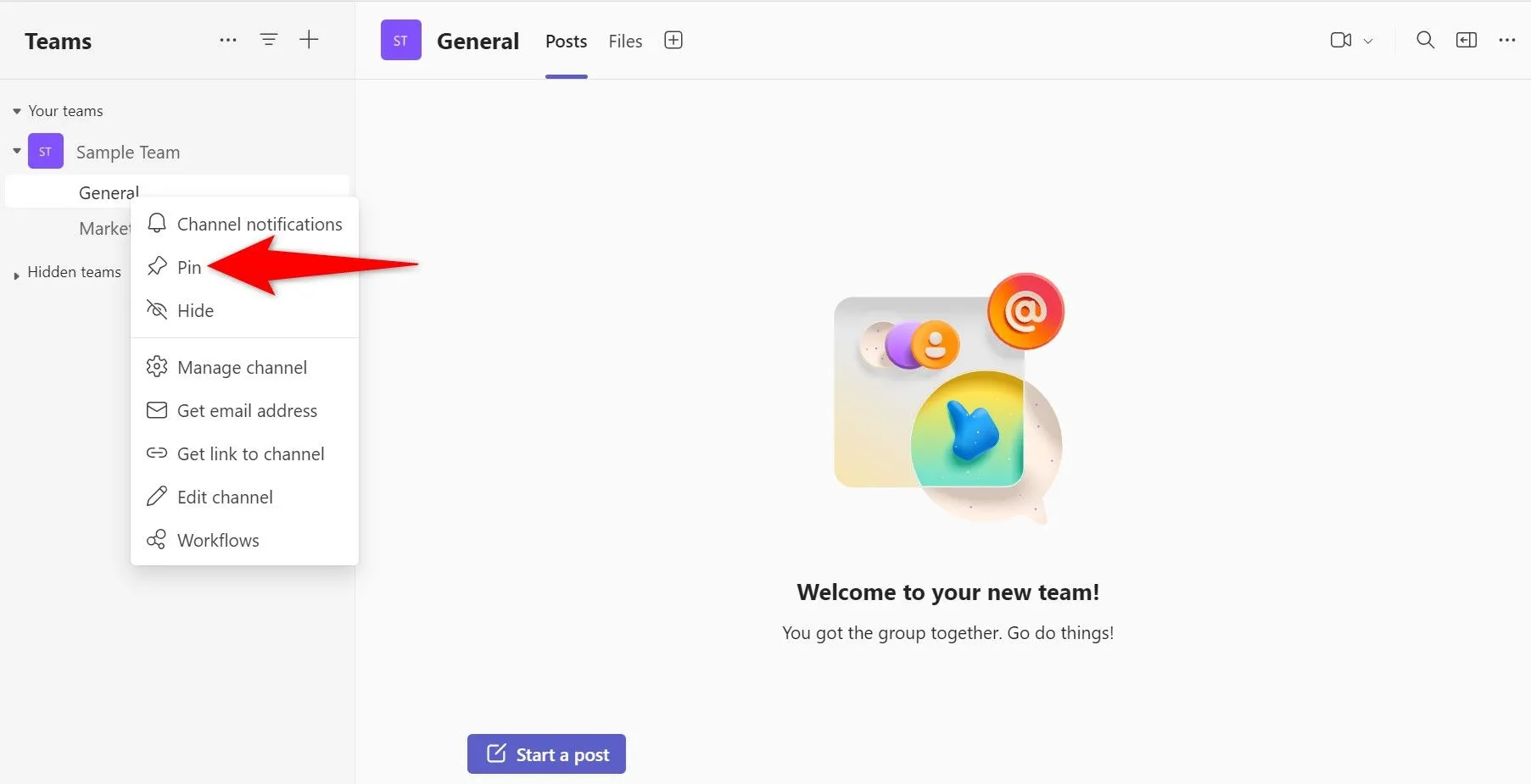 Tùy chọn ghim kênh hoặc cuộc trò chuyện vào đầu danh sách trong Microsoft Teams.