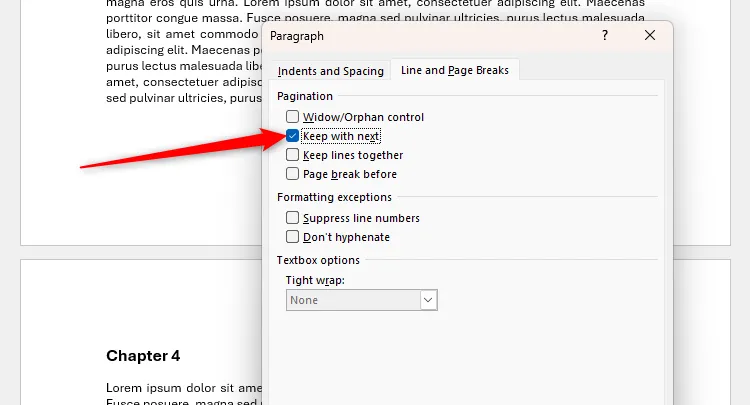 Tùy chọn &quot;Keep With Next&quot; được chọn trong hộp thoại Paragraph của Word, minh họa tiêu đề chương luôn nằm ngay trước đoạn văn bản tiếp theo