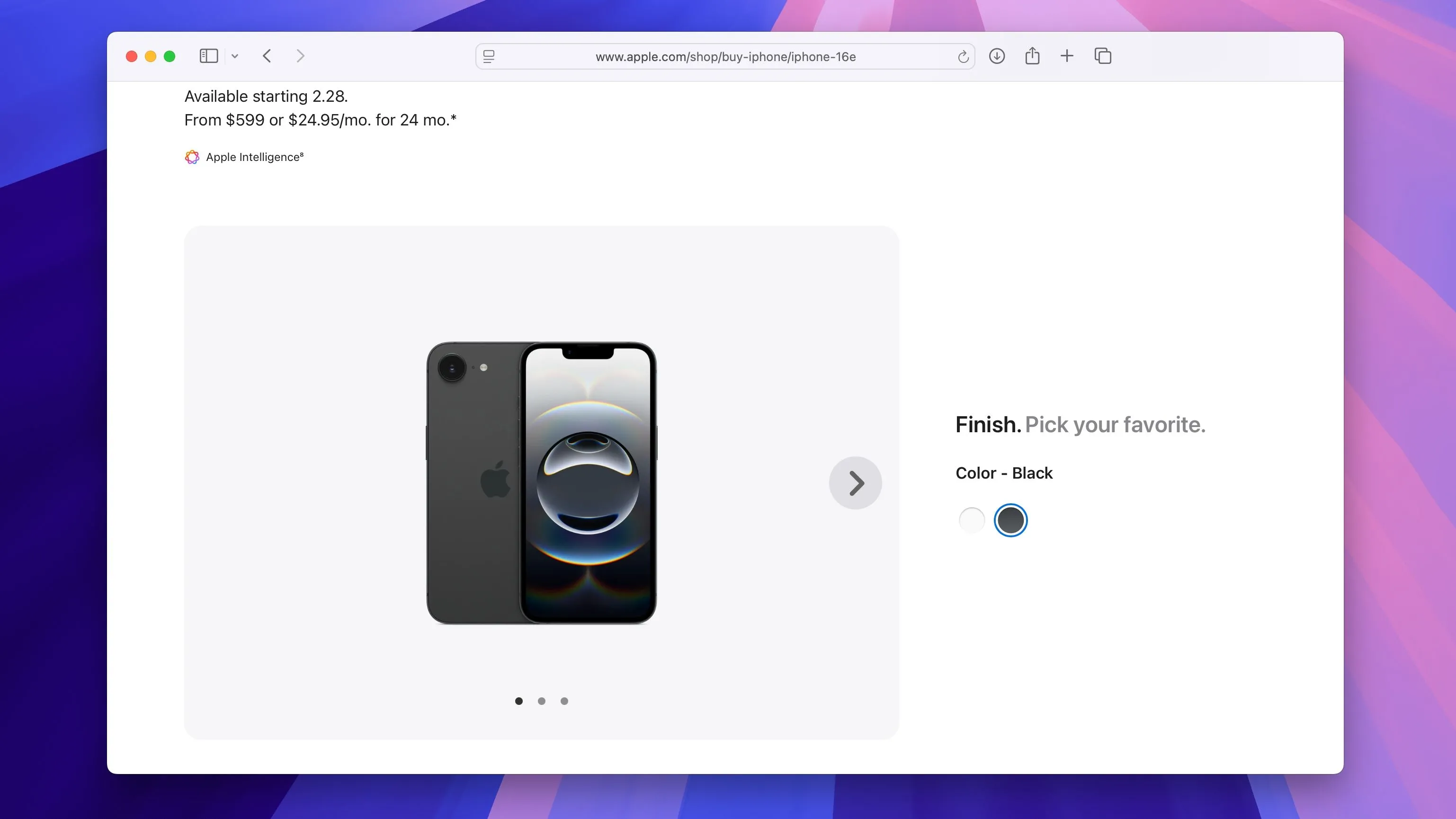Tùy chọn màu sắc cơ bản của iPhone 16e trên trang web Apple