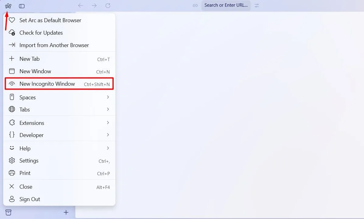 Tùy chọn &quot;New Incognito Mode&quot; (Chế độ ẩn danh mới) trong Arc Browser, minh họa cách bật chế độ duyệt web riêng tư trên trình duyệt này.