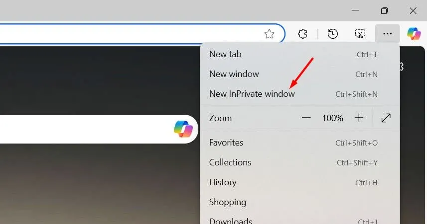 Tùy chọn &quot;New InPrivate Window&quot; (Cửa sổ InPrivate mới) trong trình duyệt Microsoft Edge, chỉ dẫn cách khởi tạo phiên duyệt web ẩn danh.