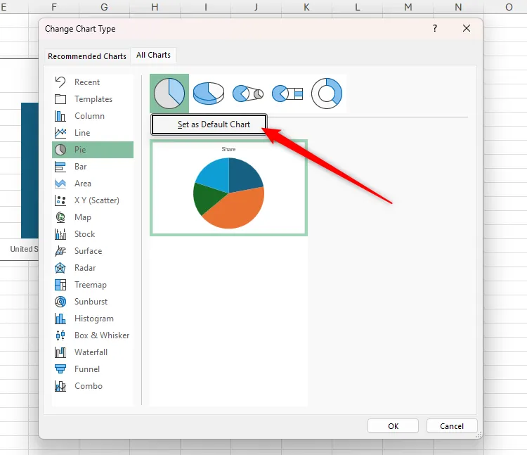 Tùy chọn &quot;Set As Default Chart&quot; được chọn trong cửa sổ thay đổi loại biểu đồ của Excel