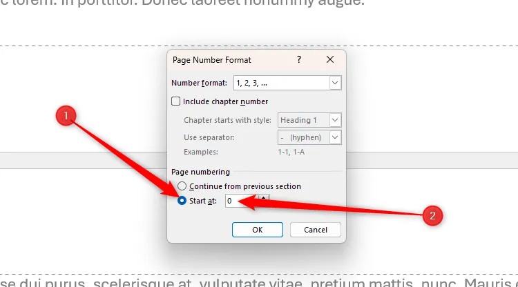 Tùy chọn Start At trong hộp thoại định dạng số trang của Word được chọn và số 0 được nhập vào trường số.