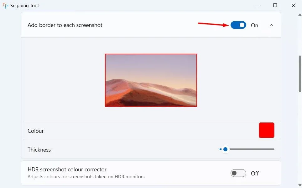 Tùy chọn thêm viền cho mỗi ảnh chụp màn hình trong cài đặt Snipping Tool