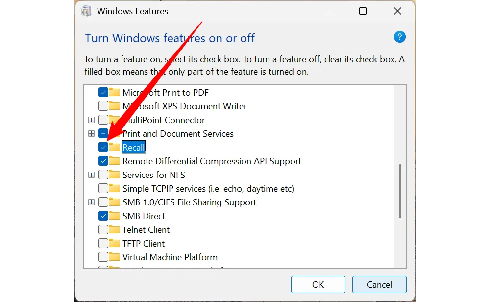 Tùy chọn vô hiệu hóa Recall trong cửa sổ Bật hoặc Tắt tính năng Windows