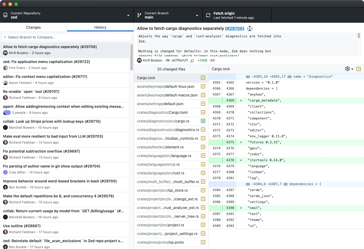 Ứng dụng GitHub Desktop hiển thị lịch sử các commit trên bảng điều khiển bên trái và chi tiết của một commit cụ thể, bao gồm thông báo, tệp đã thay đổi và số dòng thay đổi