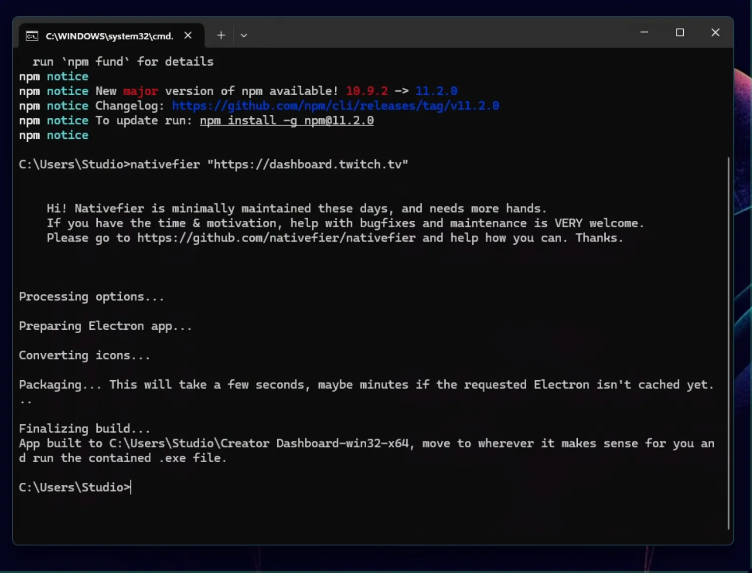 Ứng dụng Twitch Dashboard độc lập chạy trên Windows, được tạo dễ dàng bằng công cụ Nativefier.