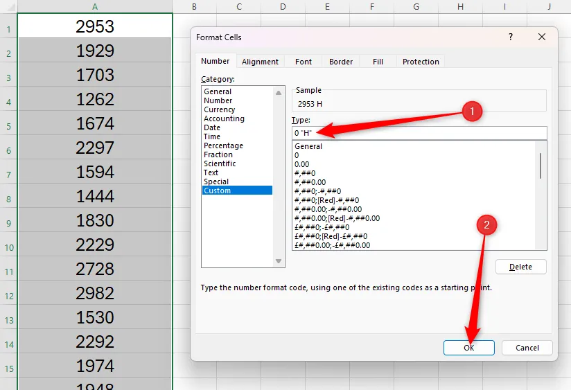 Ví dụ tùy chỉnh định dạng số thêm chữ H sau giá trị số trong Excel