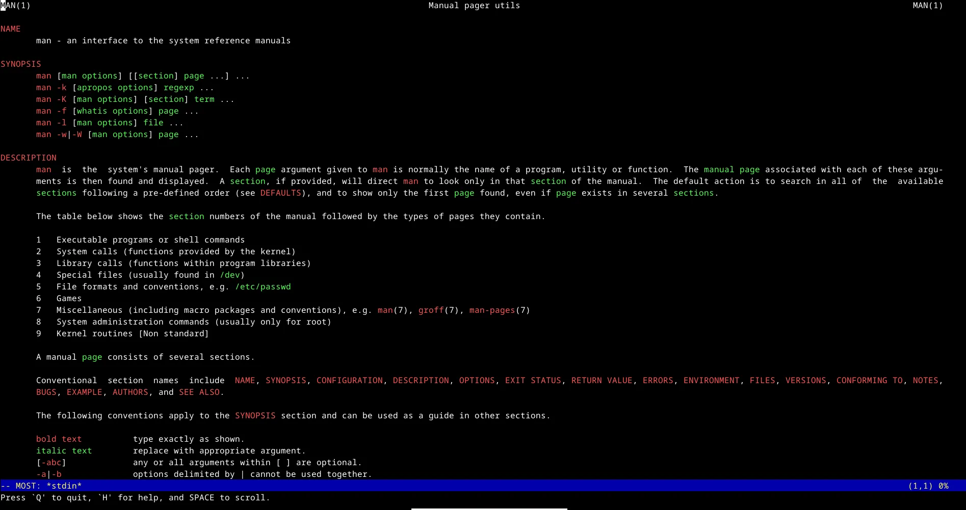 Xem trang hướng dẫn (manpage) của lệnh `most` trong terminal Linux